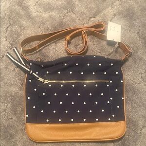 Blue and White Polka Dot Crossbody Bag with Leather Accents